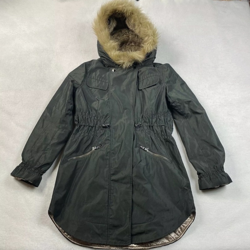 Ted Baker London NWOT Ocke Faux Fur Parka Coat Size 2 US 6 Green Shimmer Cinch